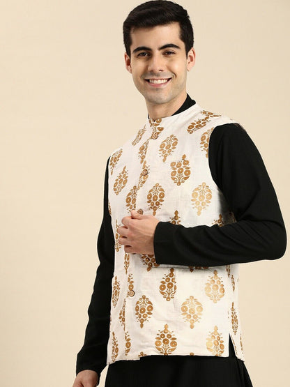 Men Jacket - White Floral Print Ethnic Pure Cotton Diwali Indian Nehru Jacket