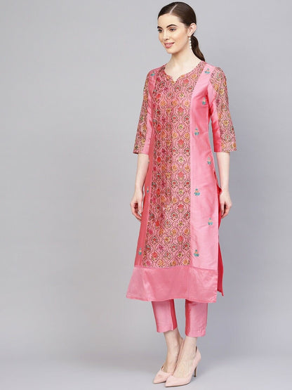 Women's Kurta Set - Bollywood Pakistani Pink & Green Printed Kurta with Trousers