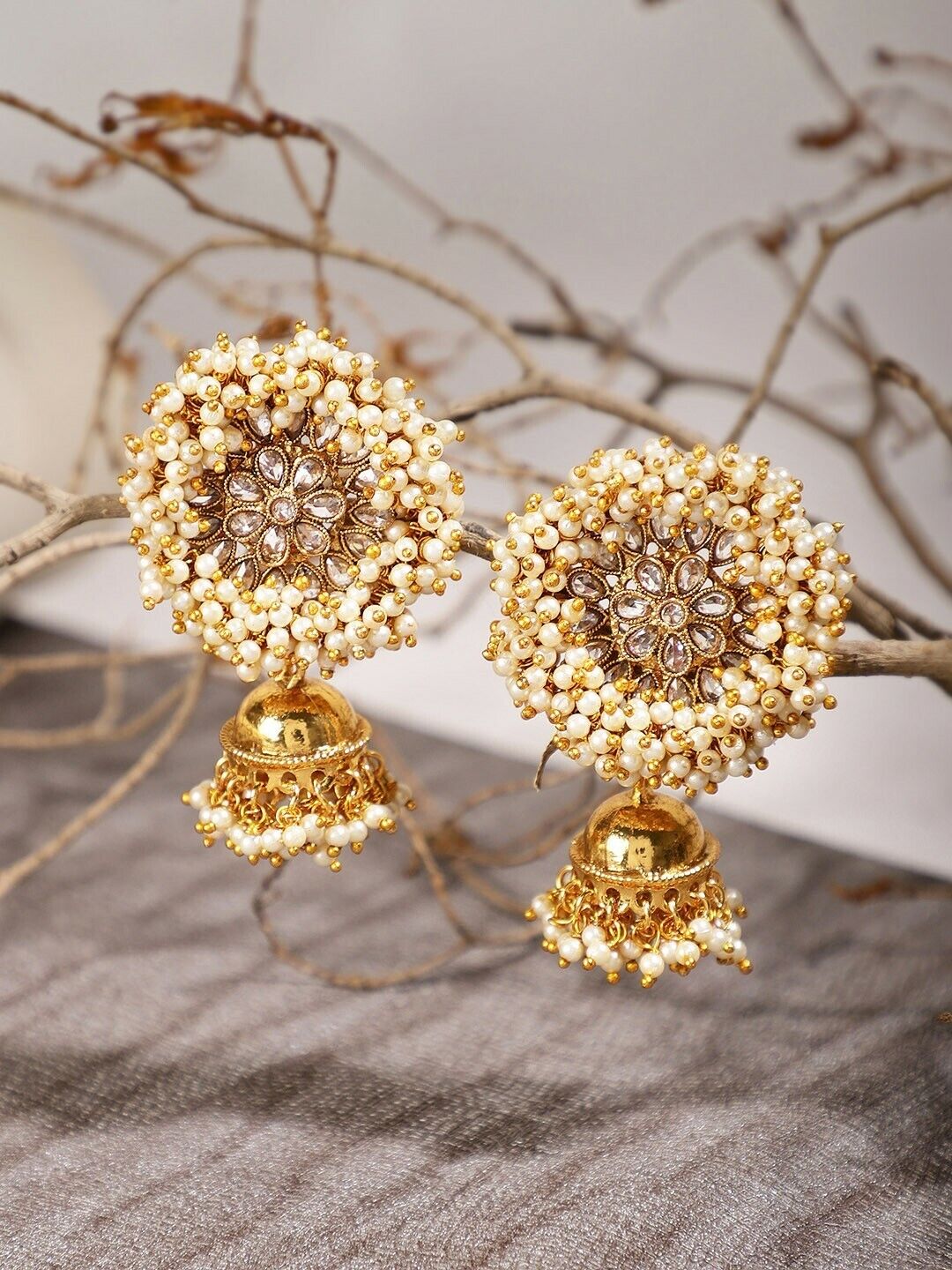 Indian Jewelry Gold-Plated & White Classic Bollywood Style Earrings Jhumkas