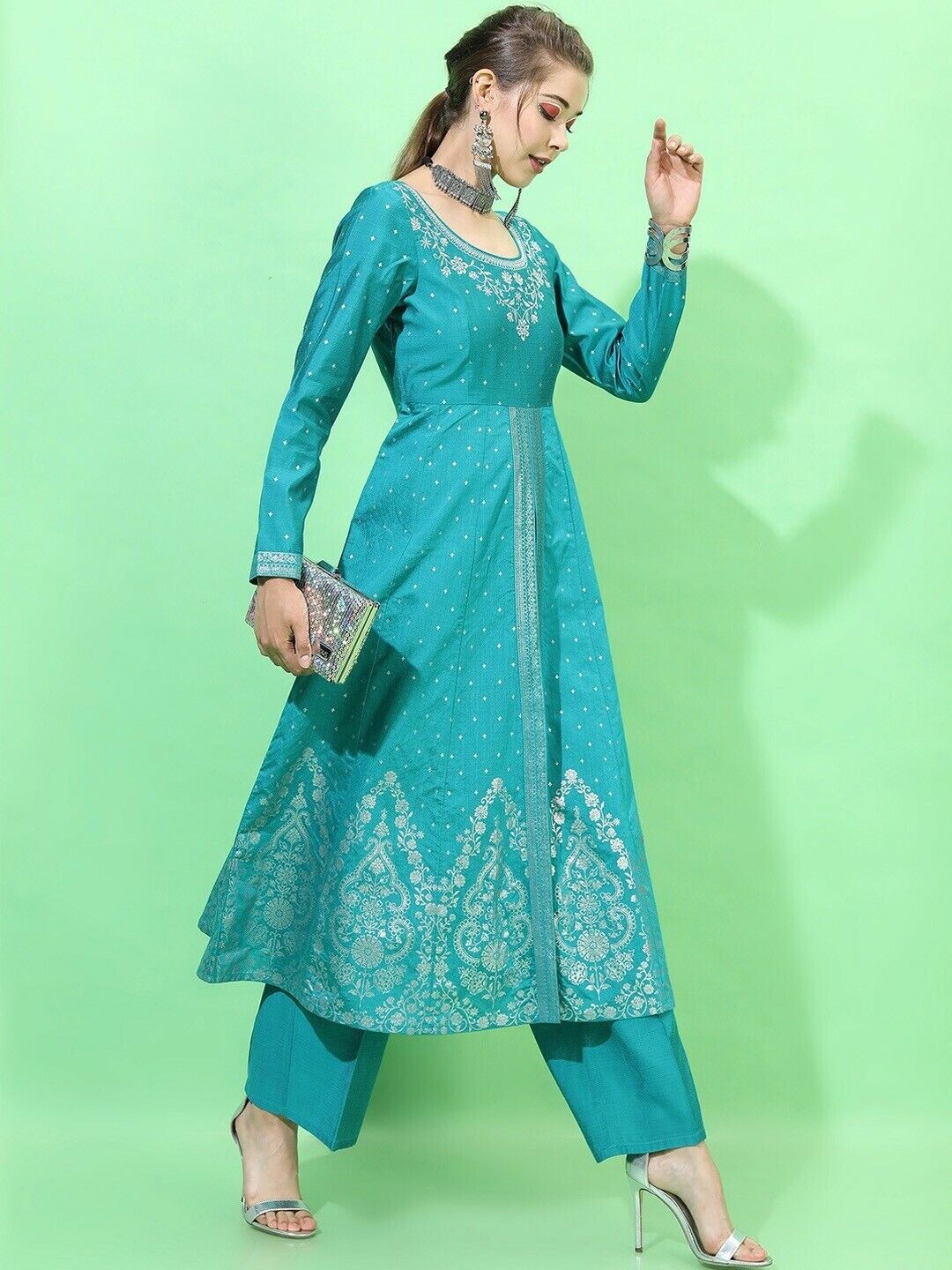 Women Kurta Set -Indian Traditional Diwali Teal High Slit Kurti with Trousers