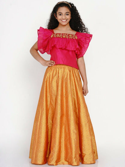 Girls Lehenga - Girls Pink & Orange Thread Work Ready to Wear Lehenga & Blouse