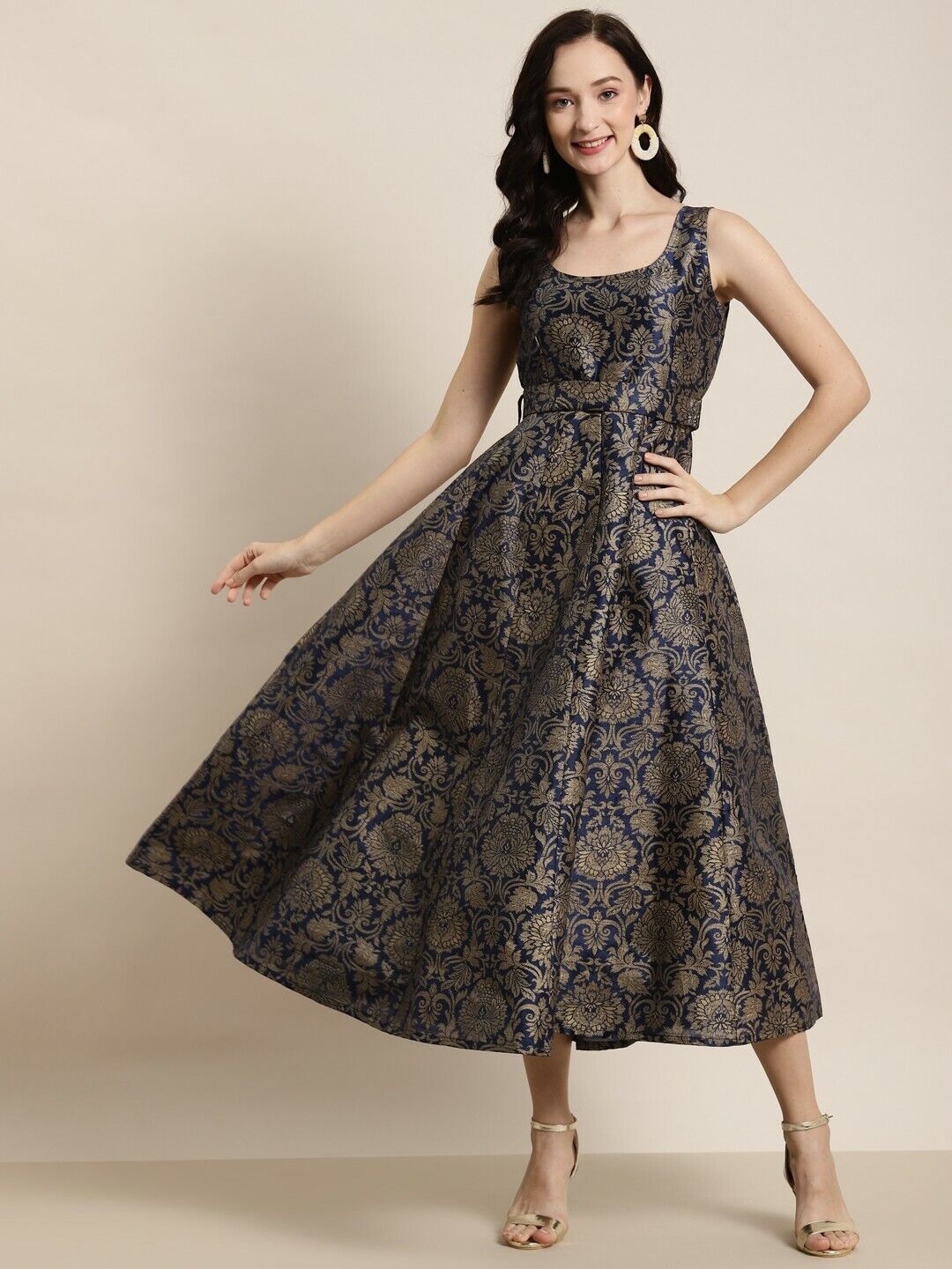 Women Dress - Navy Blue & Gold-Toned Floral Self -Belt Jacquard Maxi Dress