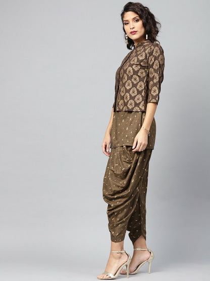 Women Kurta Set - Olive Brown & Golden Printed Kurti with Dhoti Pants & Jacket