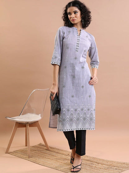 Women Kurta - Bollywood Grey Ethnic Motif Printed Pure Cotton Straight Kurta