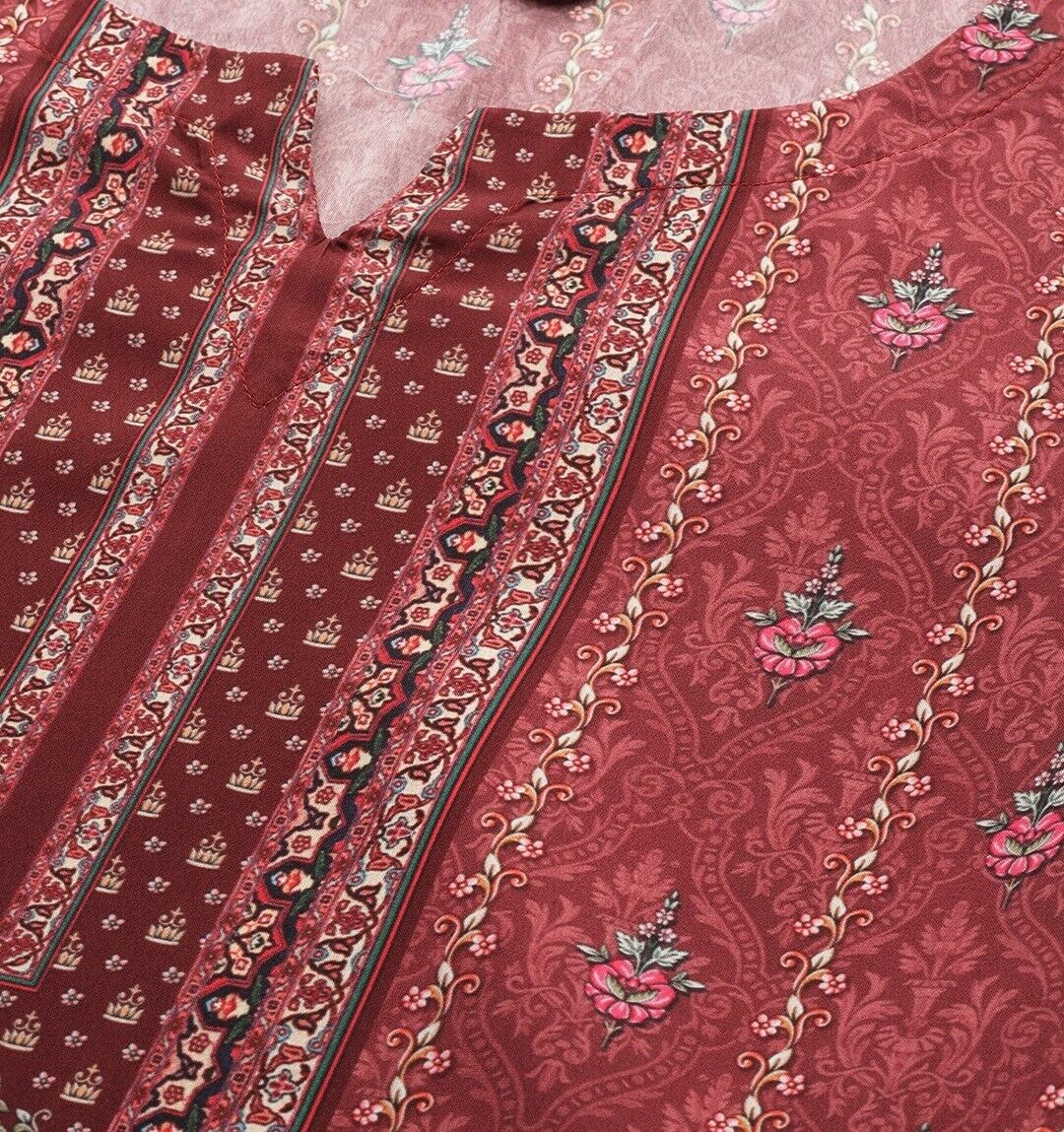 Women Kurta Set - Indian Diwali Maroon Floral Kurta with Trousers & With Dupatta