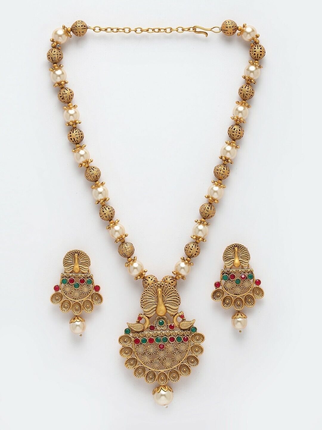 Gold-Plated Stone Studded Peacock-Shaped Bollywood Indian Style Jewellery Set