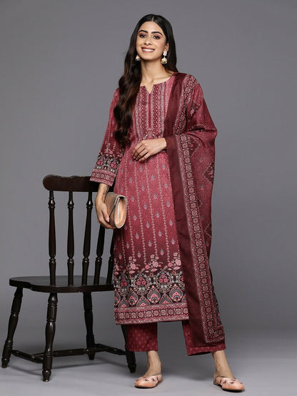 Women Kurta Set - Indian Diwali Maroon Floral Kurta with Trousers & With Dupatta