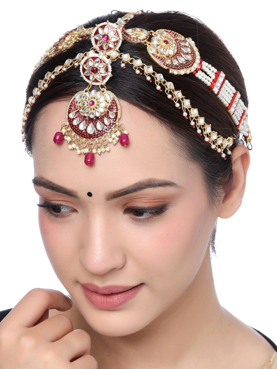 Gold-Plated Indian Bride Jewelry Pakistani Maroon Kundan Studded Sheeshphool