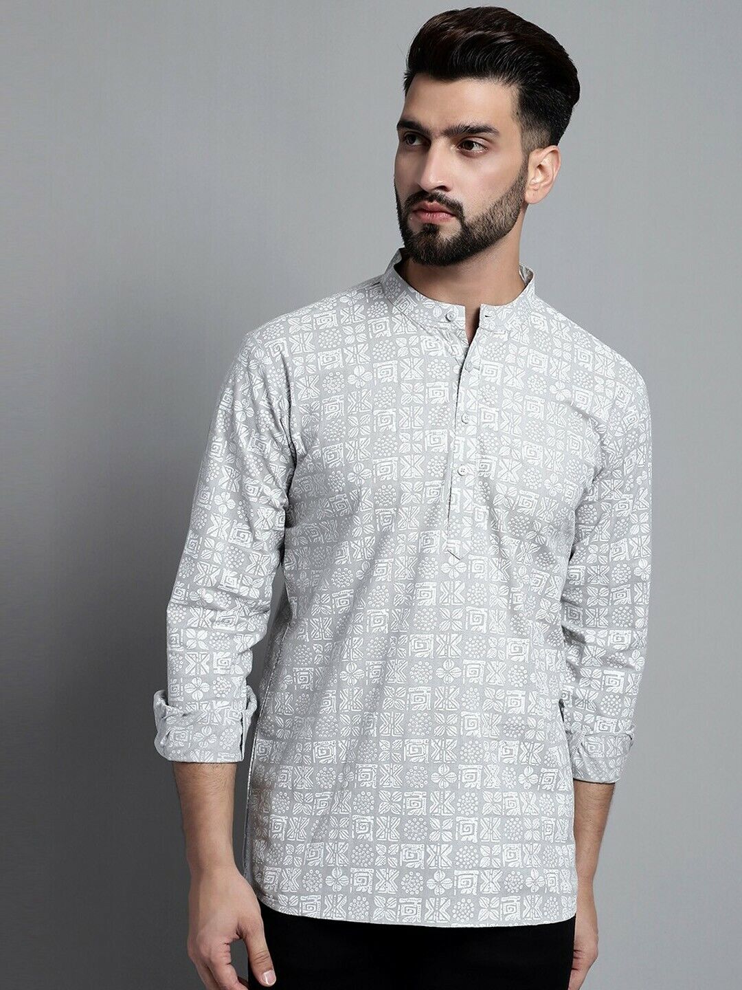 Men Kurta - Indian Bollywood Pakistani Festive Grey Ethnic Cotton Short Kurta