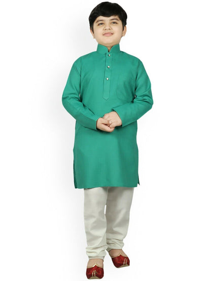 Boys Set - Eid Bollywood Diwali Green & Cream-Coloured Solid Kurta with Pyjamas