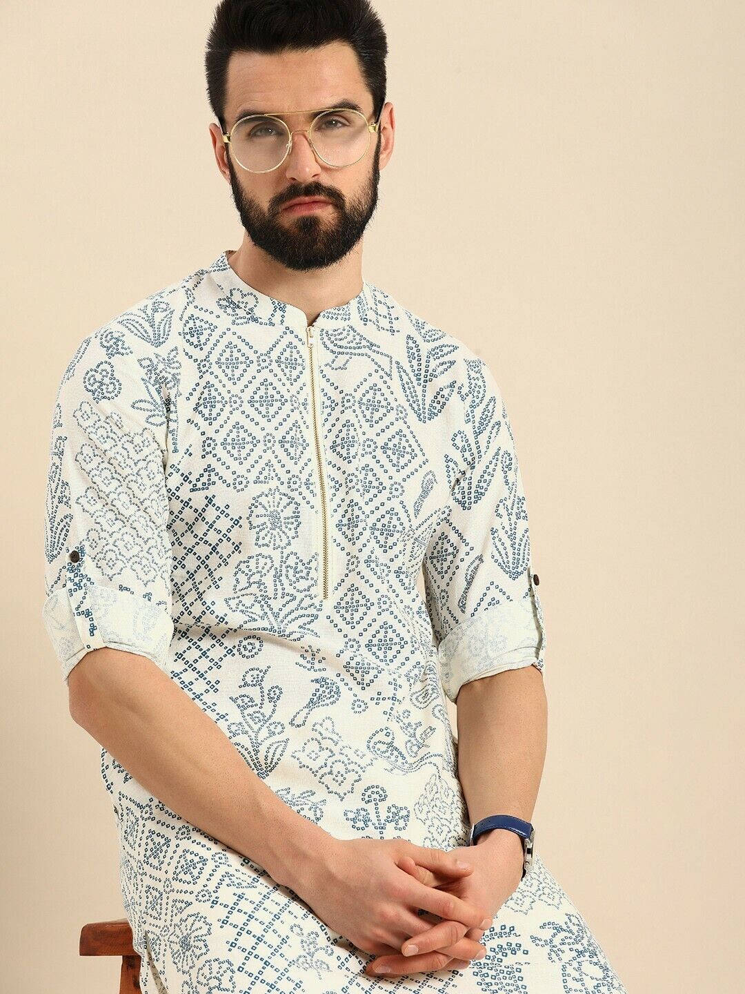 Men Kurta Set - Bollywood Indian Eid White Bandhani Printed Kurta with Trousers