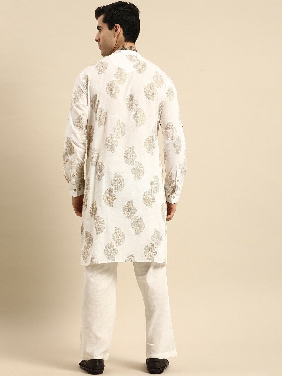 Mens Kurta Set - Off White Ethnic Motifs Printed Pure Cotton Kurta with Pyjamas