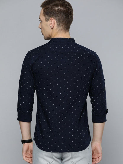 Men Shirt - Navy & White Slim Fit Printed Casual Party Bollywood Style Shirt