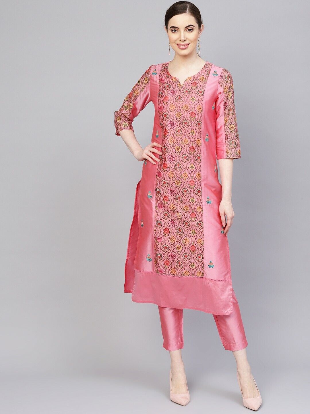 Women's Kurta Set - Bollywood Pakistani Pink & Green Printed Kurta with Trousers