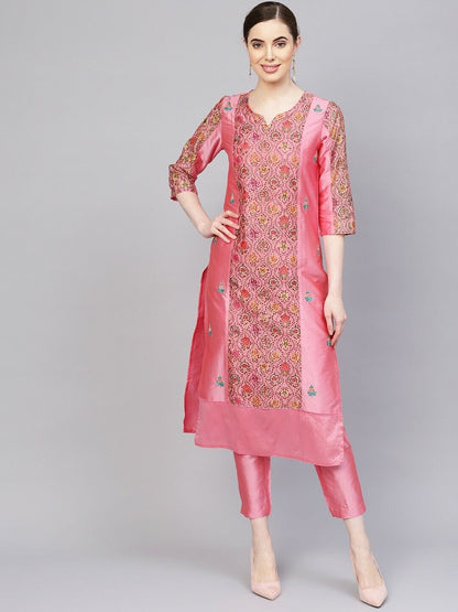 Women's Kurta Set - Bollywood Pakistani Pink & Green Printed Kurta with Trousers