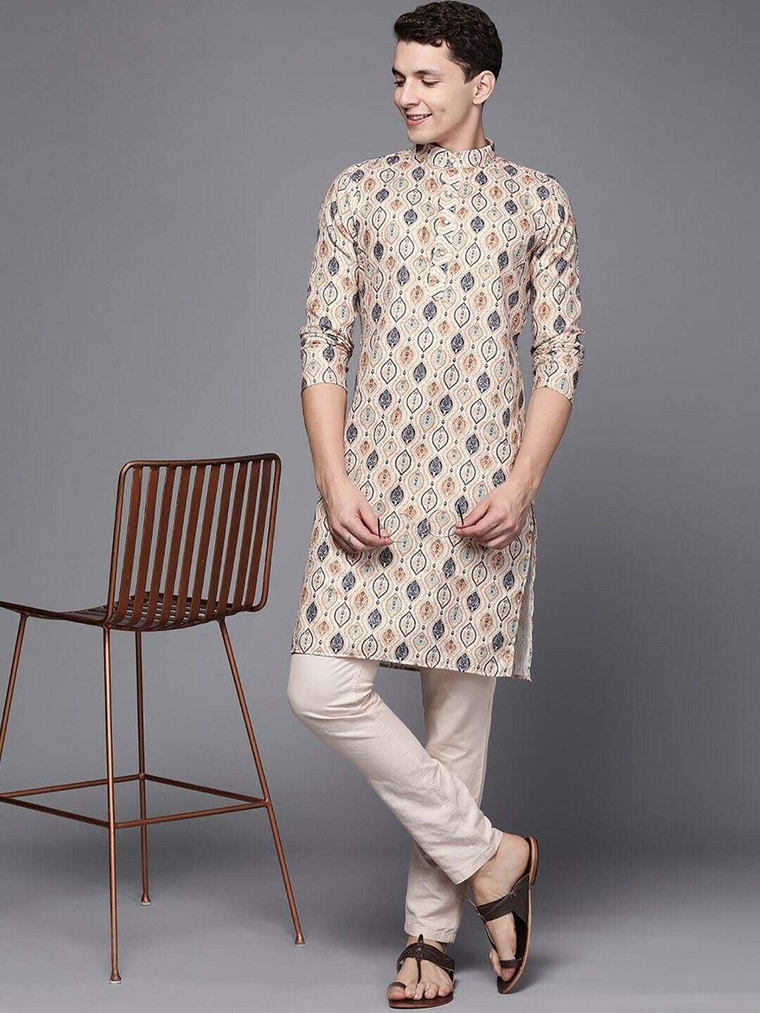 Men Kurta - Ethnic Motif Printed Mandarin Collar Sequined Pure Cotton Kurta