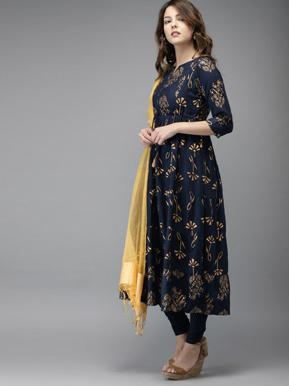 Women Kurta Set - Navy Blue & Gold-Toned Printed Kurta with Churidar & Dupatta