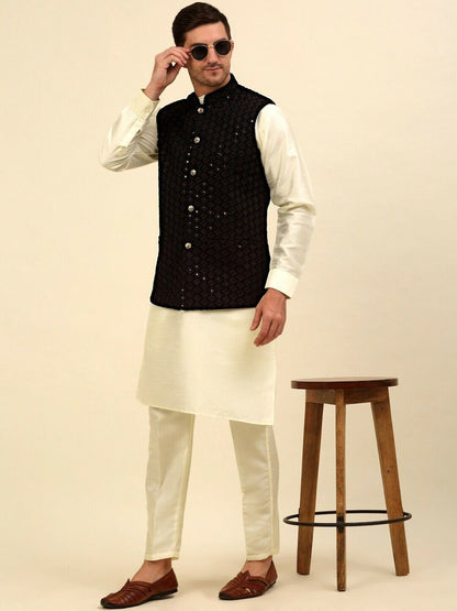 Men Jacket - Black Embroidered Sequined Diwali Indian Wedding Nehru Jacket