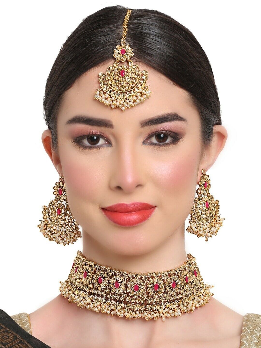 Gold-Plated Kundan-Studded Handcrafted Bollywood Indian Pakistani Jewellery Set