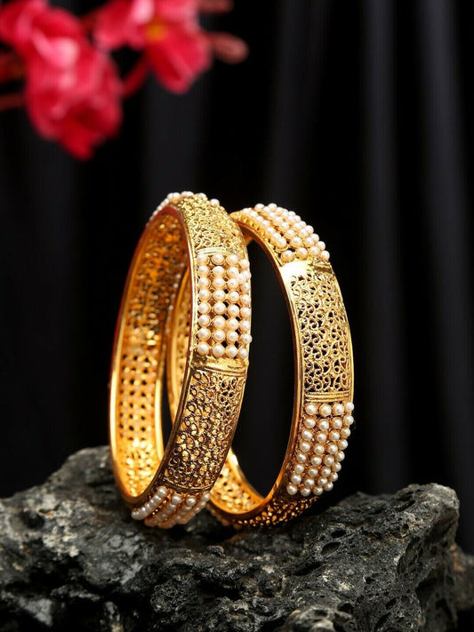 Set Of 2 Gold-Plated Beaded Bangles Bollywood Wedding Bridal Jewelry Bangles