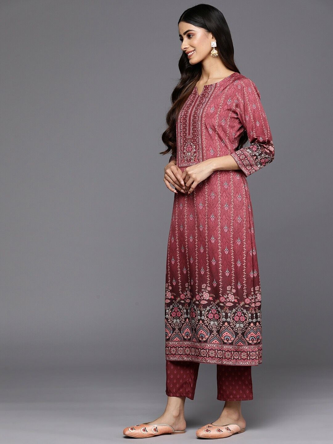 Women Kurta Set - Indian Diwali Maroon Floral Kurta with Trousers & With Dupatta