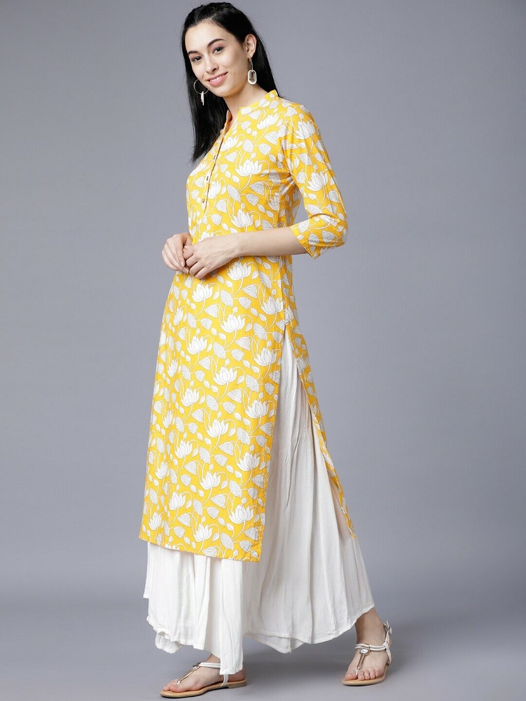 Floral Women Yellow & White Printed Straight Bollywood Indian Kurta Dress Large