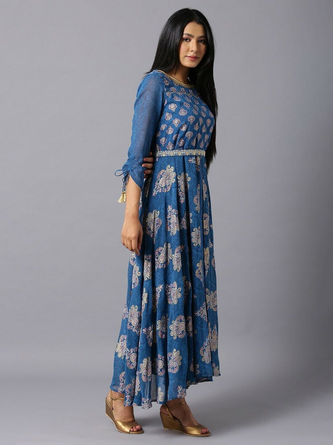 Women Dress - Blue Ethnic Motifs Maxi Bollywood Eid Diwali Bridal Wedding Dress