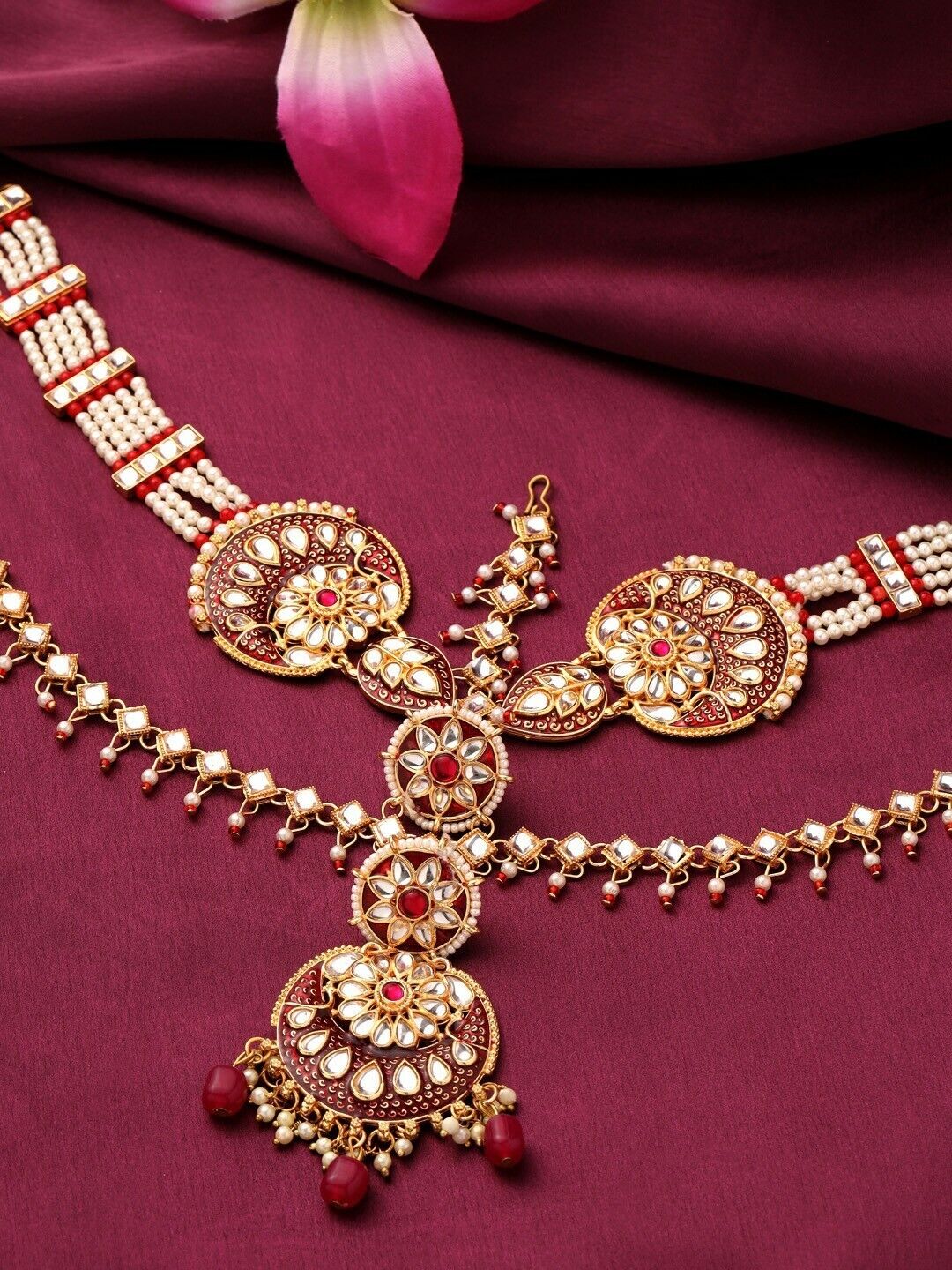 Gold-Plated Indian Bride Jewelry Pakistani Maroon Kundan Studded Sheeshphool