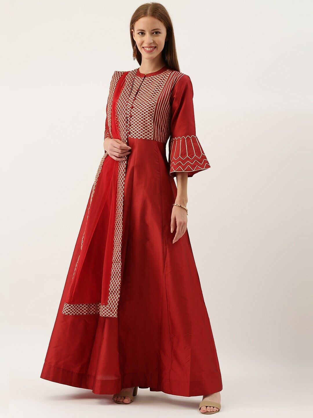 Women Dress - Red Embroidered Gotta Bollywood Eid Diwali Bridal Wedding Dress