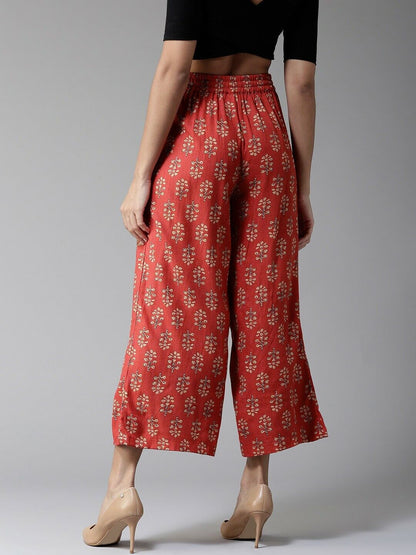 Women Trouser - Red & Beige Print Bollywood Baggy Gypsy Hippie Wide Leg Palazzos