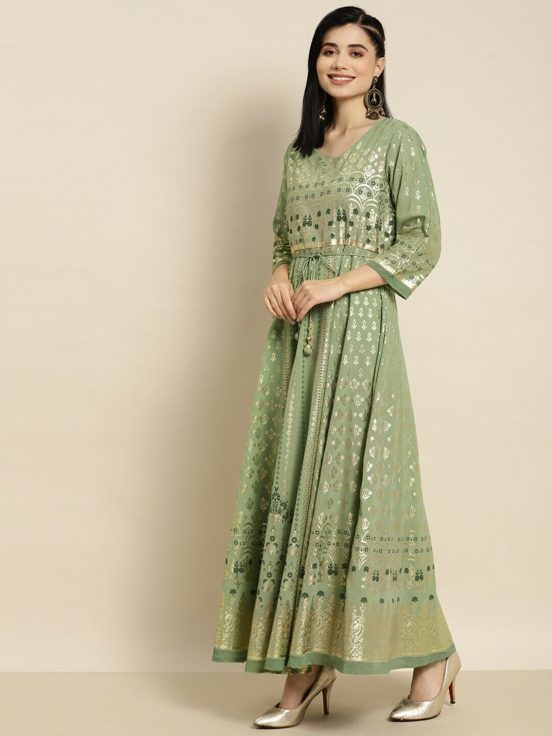 Women Dress - Bollywood India Bridal Sage Green Foil Printed Flared Ethnic Dress