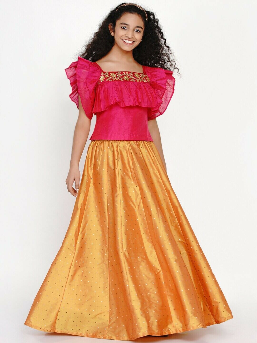 Girls Lehenga - Girls Pink & Orange Thread Work Ready to Wear Lehenga & Blouse