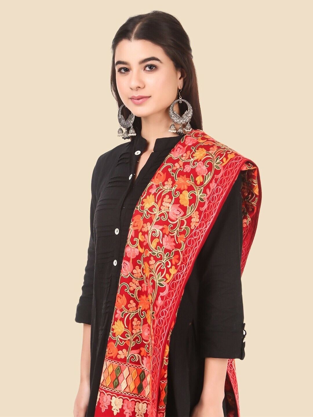 Women Shawl - Red & Pink Embroidered Bollywood Indian Wedding Diwali Eid Stole