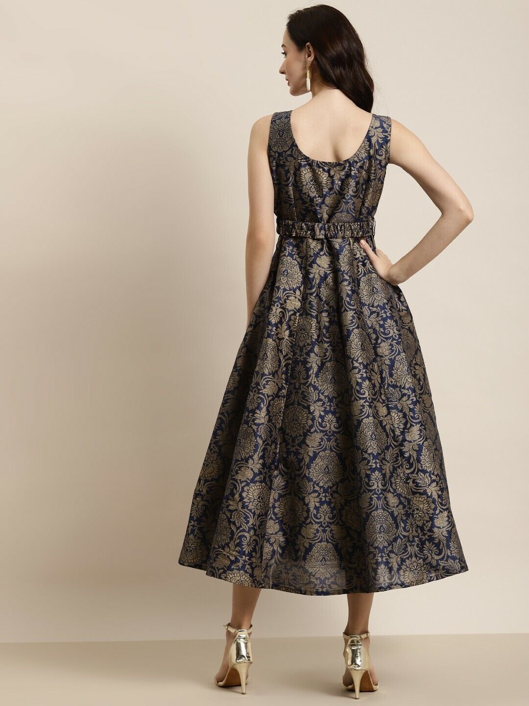 Women Dress - Navy Blue & Gold-Toned Floral Self -Belt Jacquard Maxi Dress