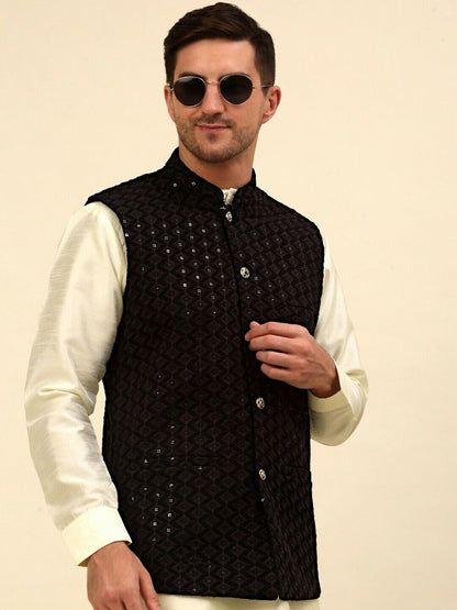 Men Jacket - Black Embroidered Sequined Diwali Indian Wedding Nehru Jacket