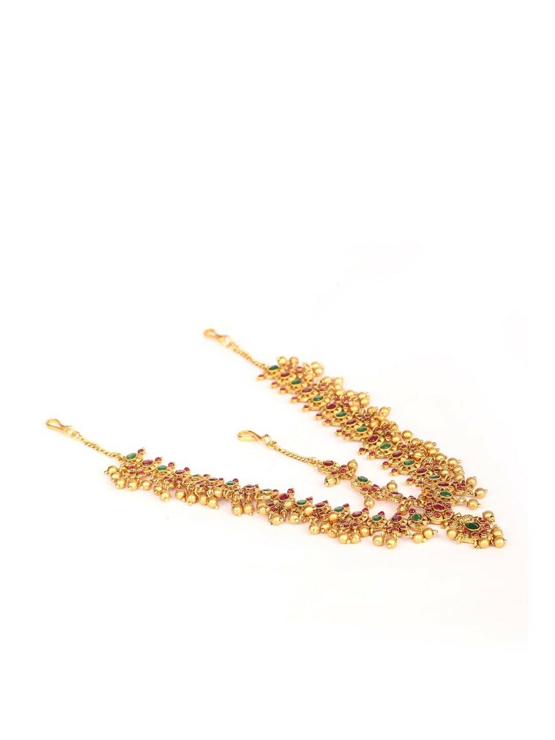 Pink & Green Gold-Plated Stone-Studded & Beaded Handcrafted Maatha Patti