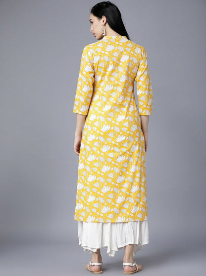 Floral Women Yellow & White Printed Straight Bollywood Indian Kurta Dress Large