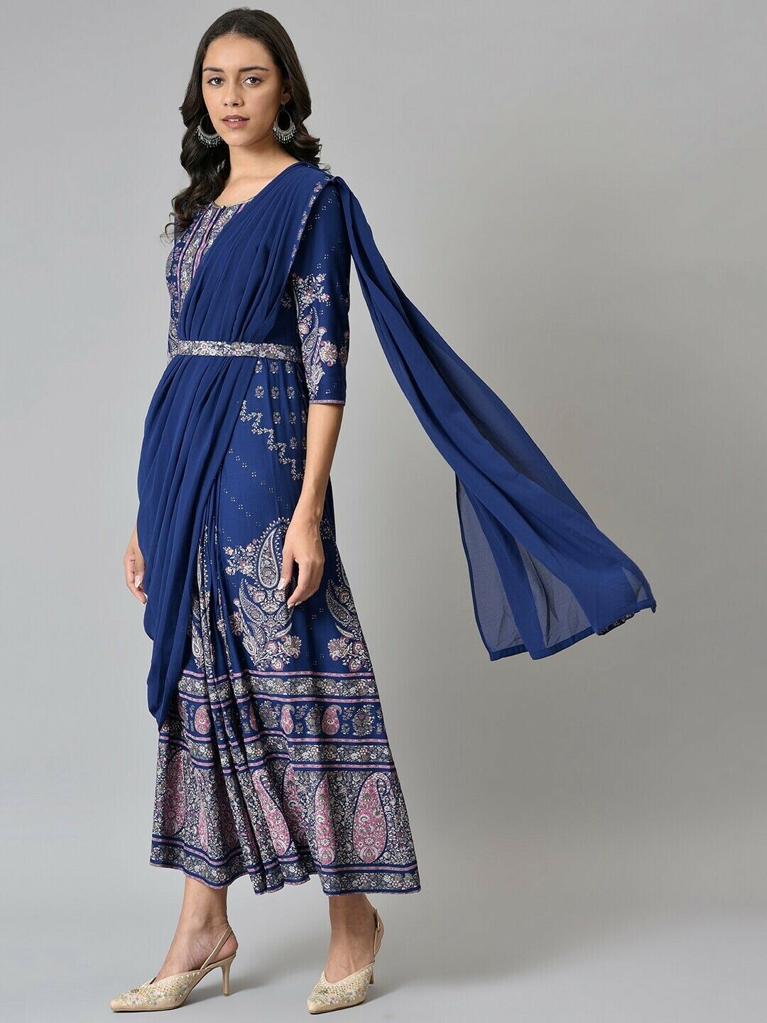 Women Dress - Bollywood India Blue & Silver-Tone Ethnic Motifs Ethnic Maxi Dress