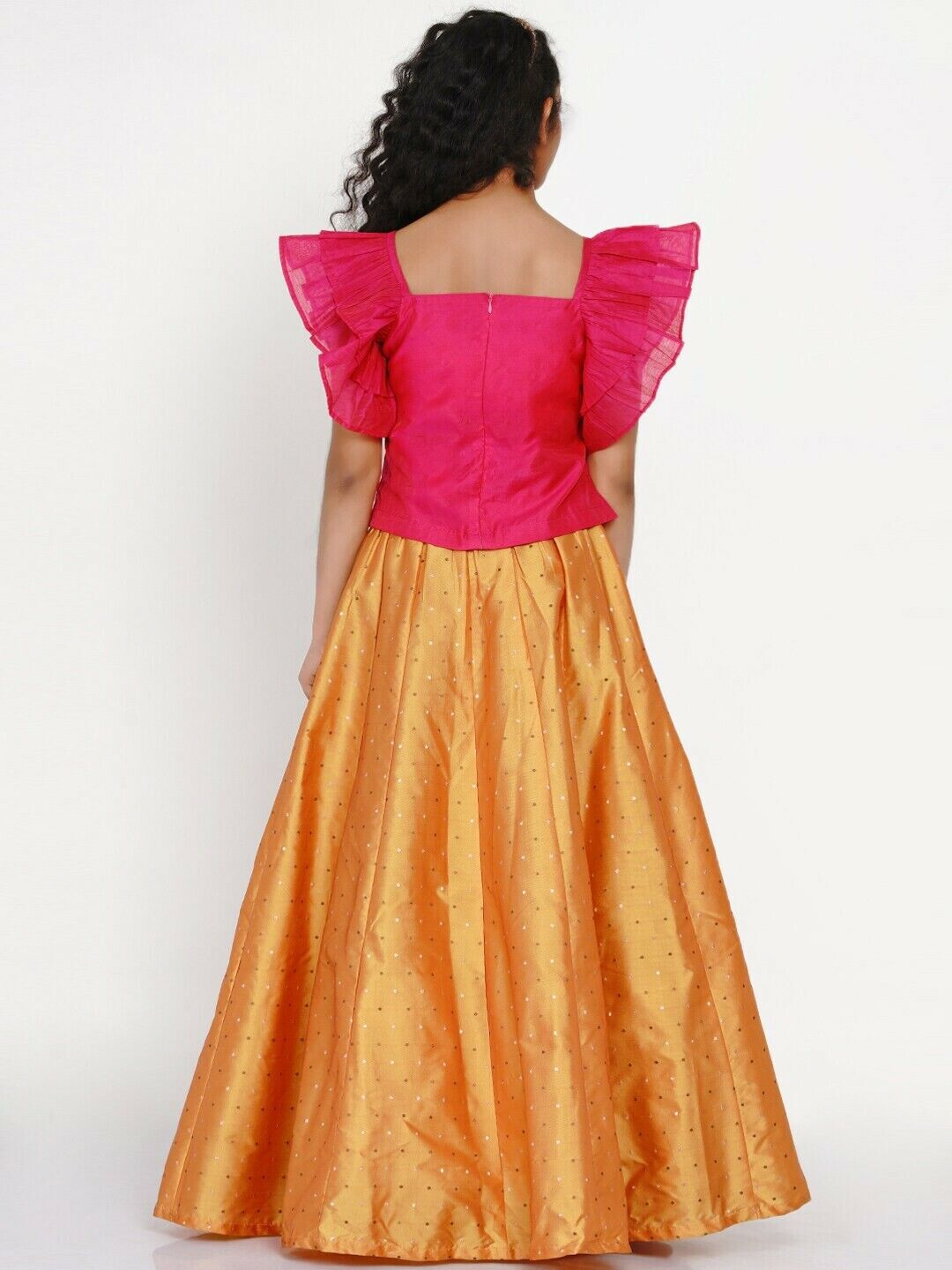 Girls Lehenga - Girls Pink & Orange Thread Work Ready to Wear Lehenga & Blouse