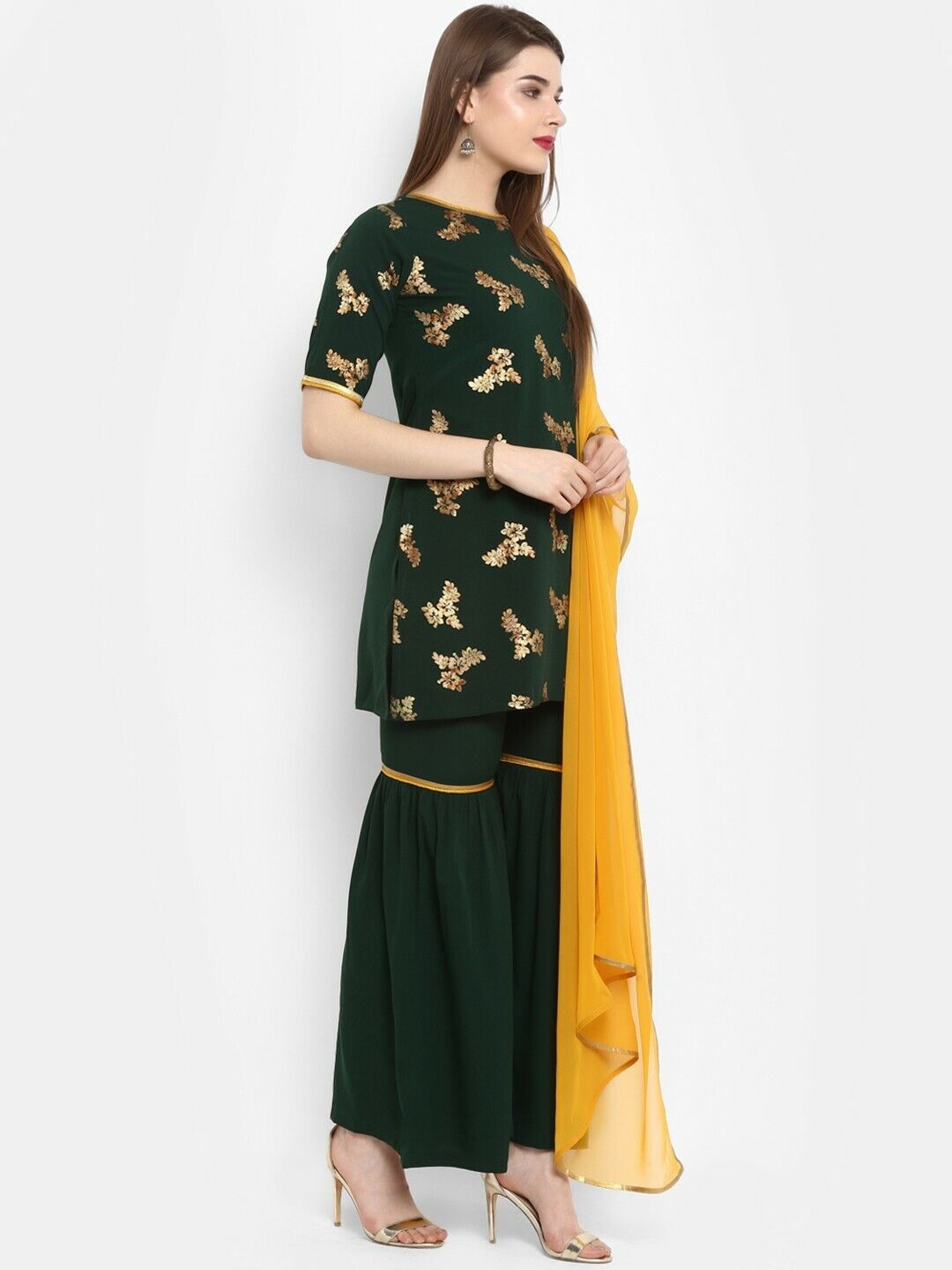 Women Kurta Set - Green & Orange Printed Bollywood Kurta with Sharara & Dupatta