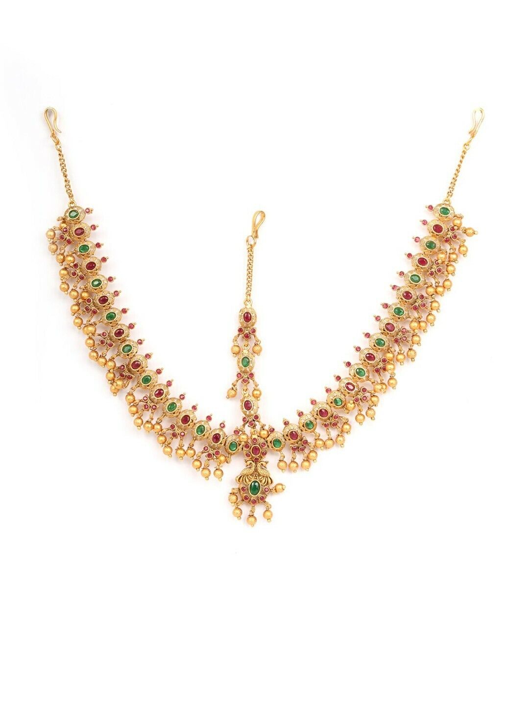 Pink & Green Gold-Plated Stone-Studded & Beaded Handcrafted Maatha Patti