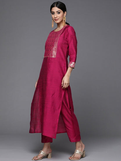 Women Kurta Set -Indian Traditional Diwali Magenta & Golden Kurta with Trousers