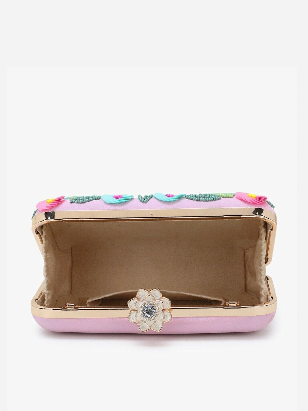 Women Clutches - Pink & Multicolored Floral Embellished Faux Silk Box Clutch