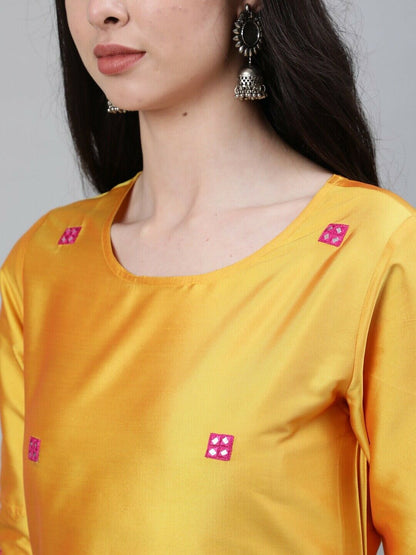 Women Kurta Set - Women Yellow Mirror Work Kurta with Trousers & With Dupatta