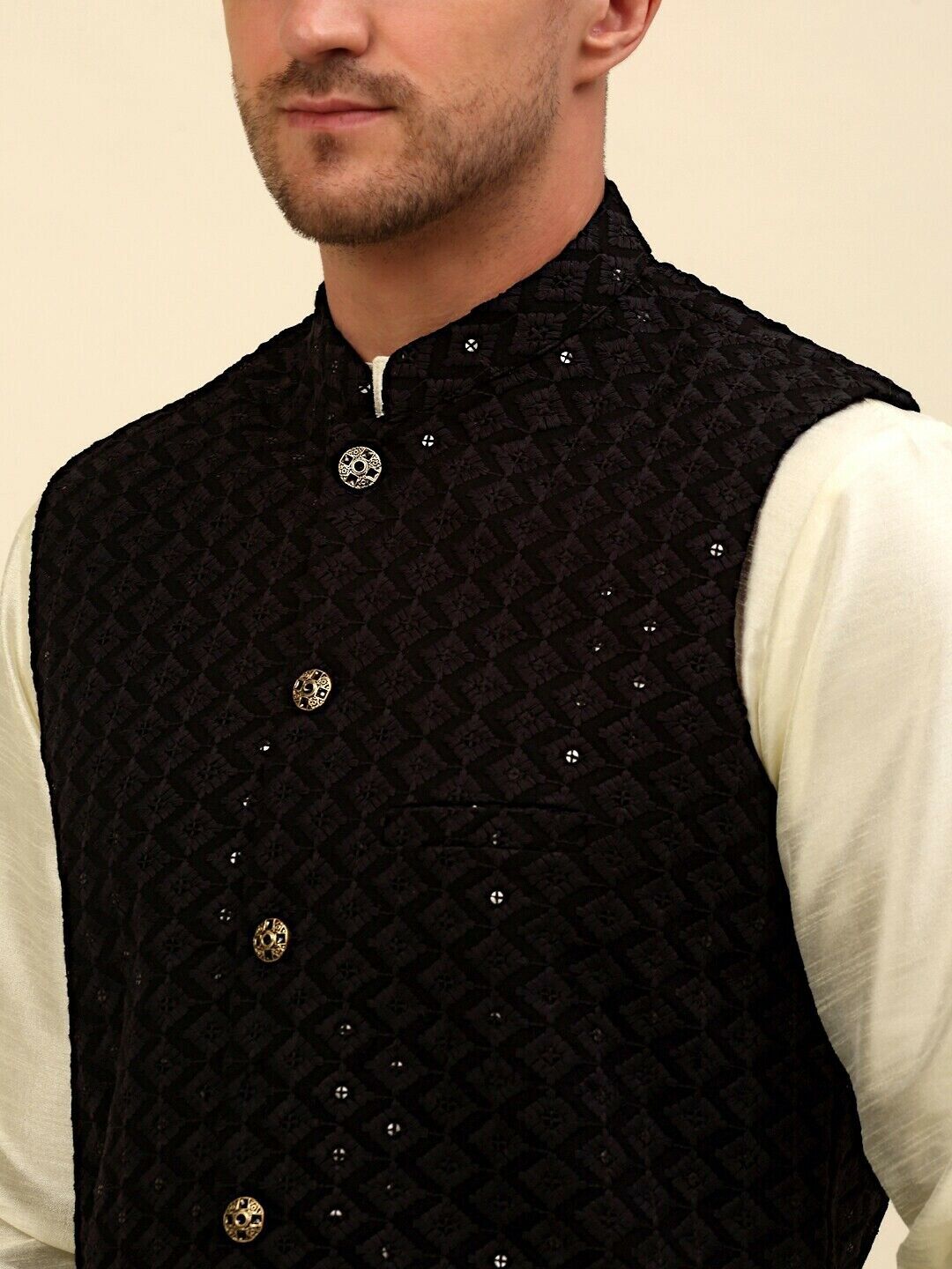 Men Jacket - Black Embroidered Sequined Diwali Indian Wedding Nehru Jacket