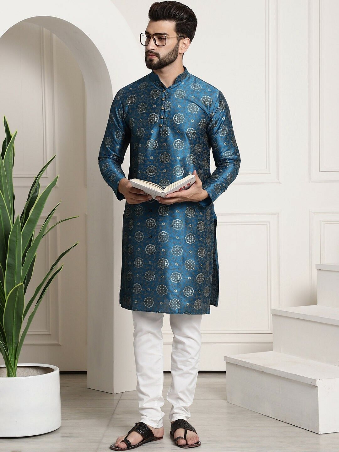 Men Kurta Set - Teal Blue & White Bridal Groomsmen Wedding Kurta with Churidar