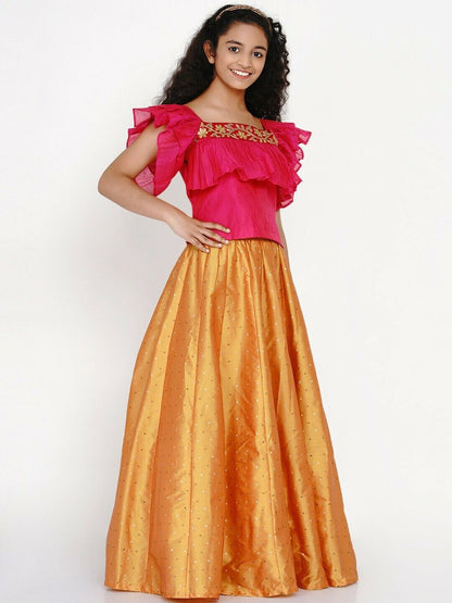 Girls Lehenga - Girls Pink & Orange Thread Work Ready to Wear Lehenga & Blouse