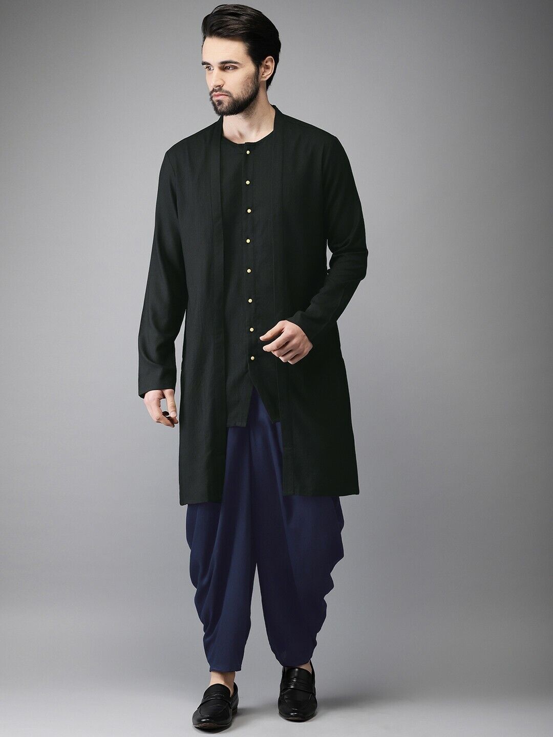 Men Kurta Set - Black & Navy Solid Layered Bollywood Eid Kurta with Dhoti Pants