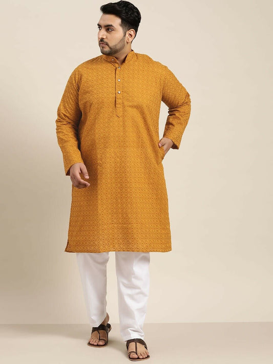 Men Kurta - Indian Traditional Diwali Wedding Mustard Yellow Embroidered Kurta