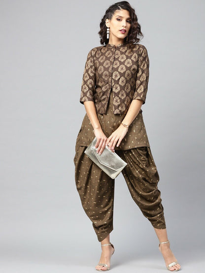 Women Kurta Set - Olive Brown & Golden Printed Kurti with Dhoti Pants & Jacket